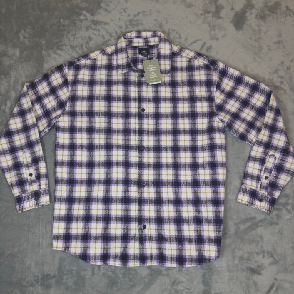 H&M Corduroy Shirt Mens Medium Purple Plaid Oversized Fit Long Sleeve Buttondown